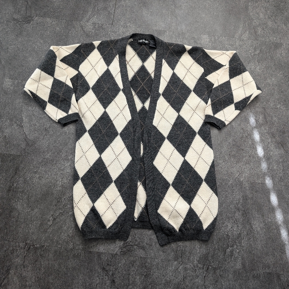 Vintage Leigh Morgan 100% merino wool open front Argyle longline cardigan Medium